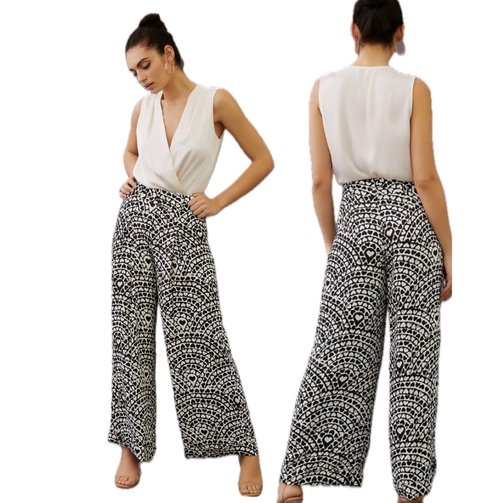 FARM Rio, Heart Wide Leg Pleated Front Jumpsuit Black & White, Size M EUC